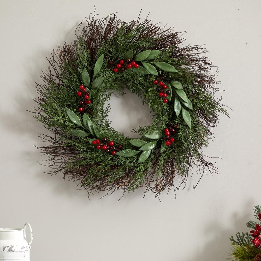 20in. Cedar and Ruscus with Berries Artificial Wreath - Hercitys