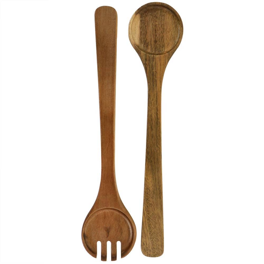 13 in. 70 fl. Oz. Brown Acacia Wood Salad Serving Bowl and Spoon (Set of 3) - Hercitys