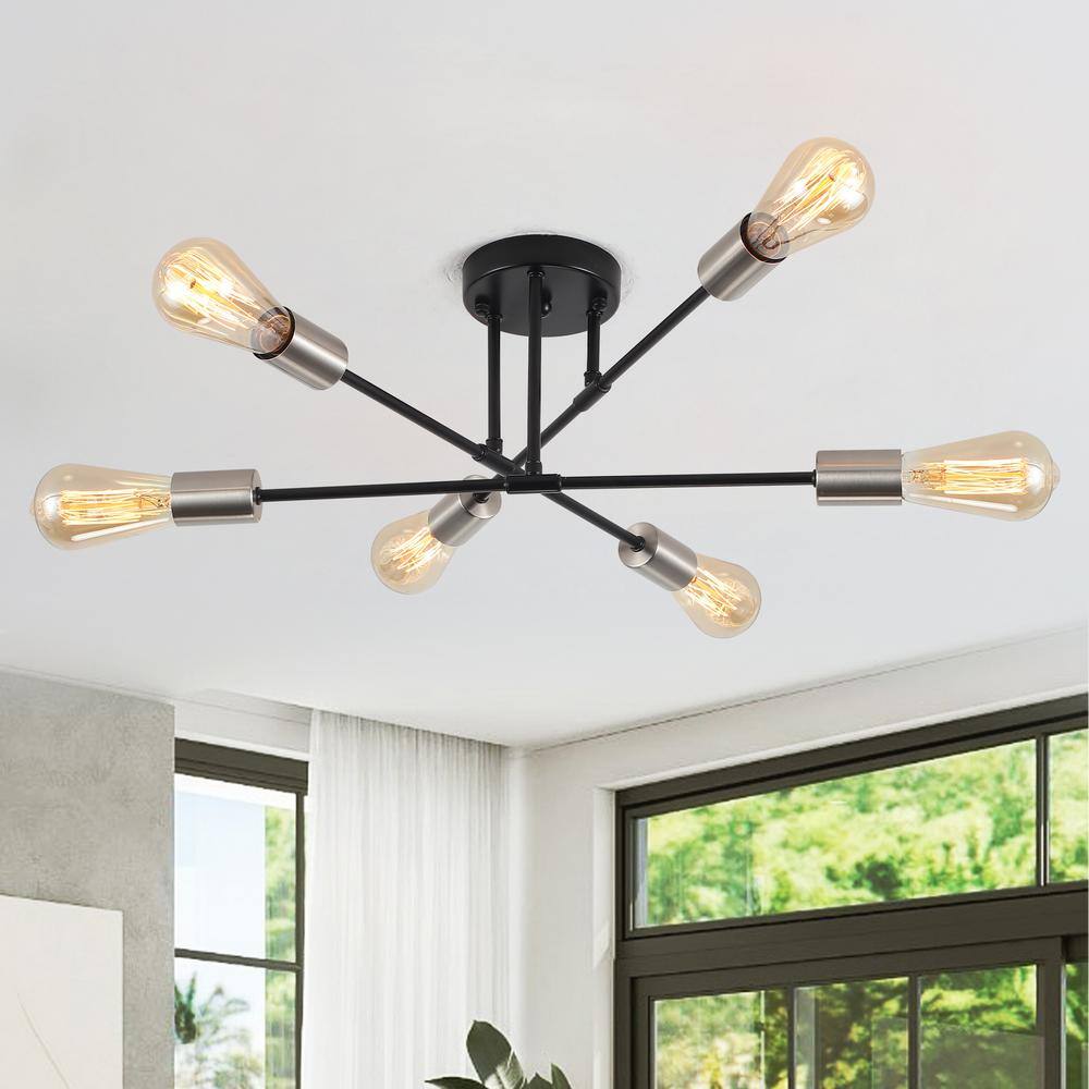 20.66 in. 6-Light Black and Nickel Sputnik Modern Semi-Flush Mount Ceiling Light - Hercitys