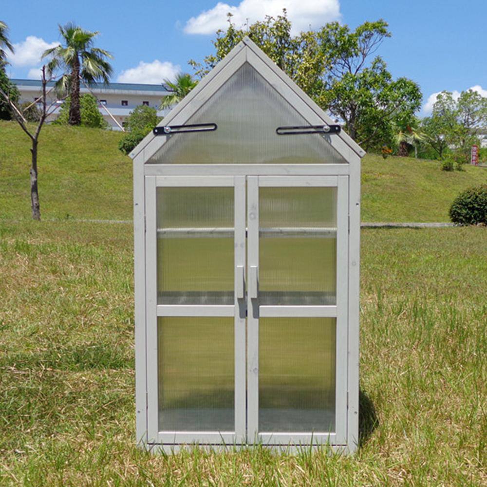 27.55 in. W x 16.14 in. D x 52.36 in. H Wood Gray Mini Greenhouse with Adjustable Roof Panels, Adjustable Shelf - Hercitys
