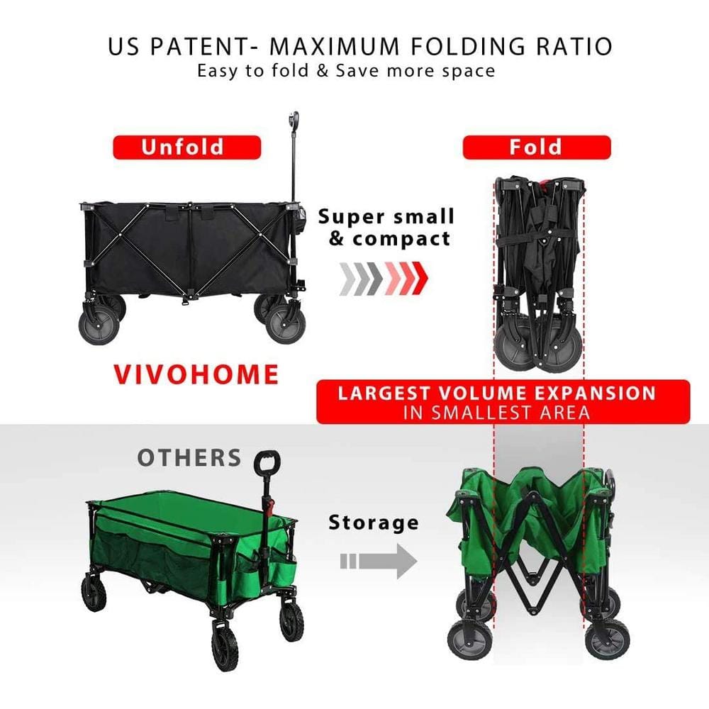 176 lbs. Capacity Collapsible Garden Cart in Black with 2 Drink Holders and Wheels - Hercitys
