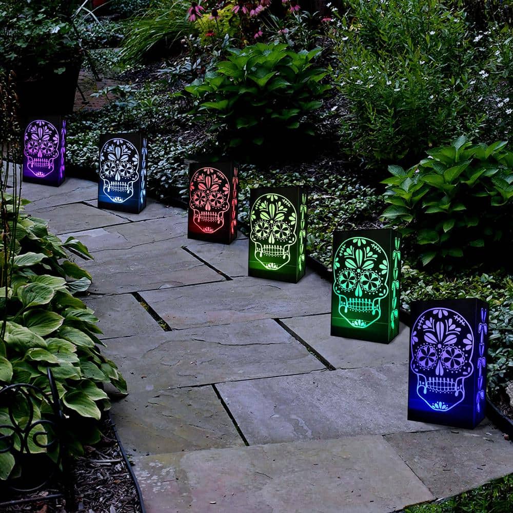 10 in. LED Battery Operated LumaLite Luminaria Kit- Color Changing Sugar Skull Halloween Pathway Lights (6-Count) - Hercitys
