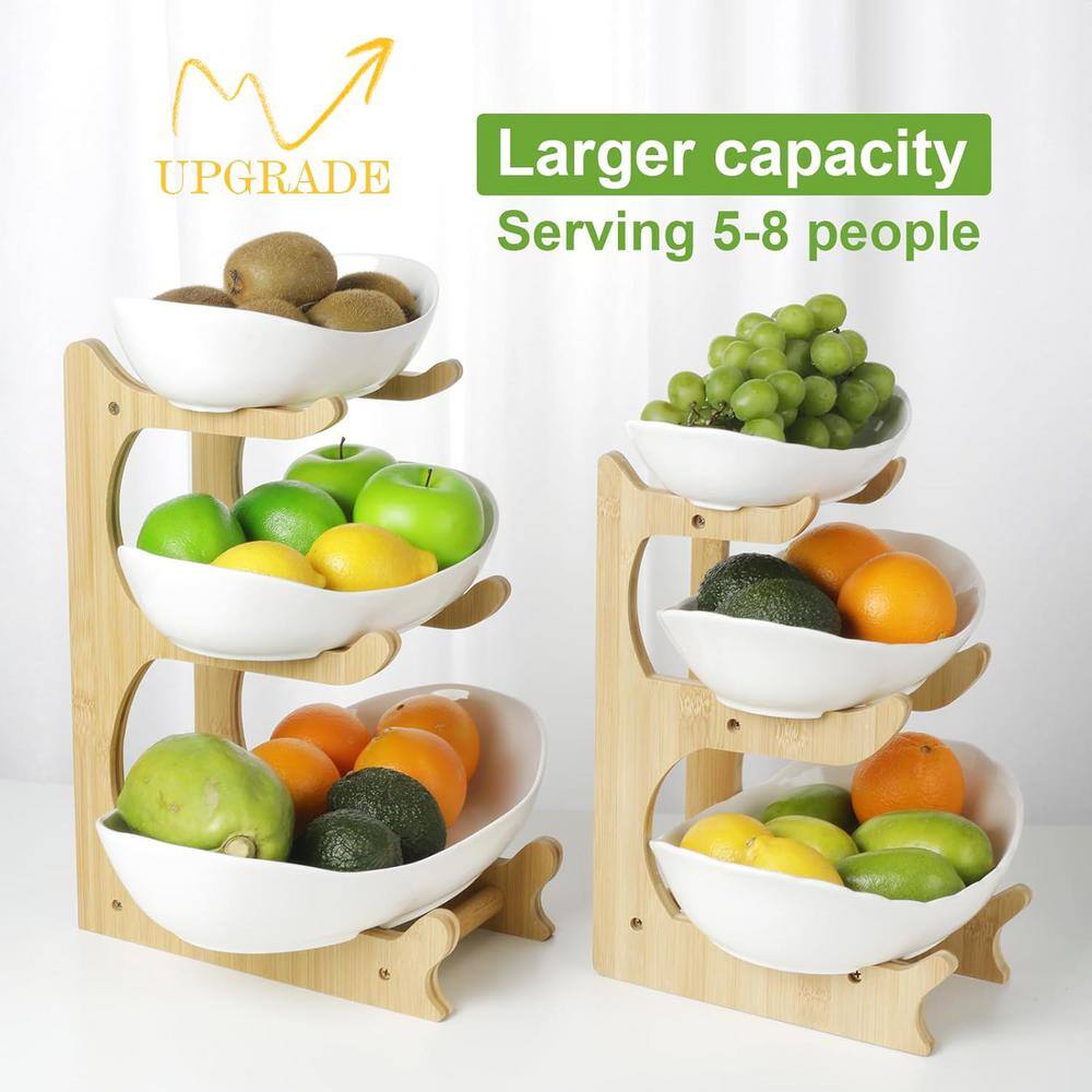 3-Tier Fruit Bowl Ceramic Countertop with Bamboo Stand in White - Hercitys