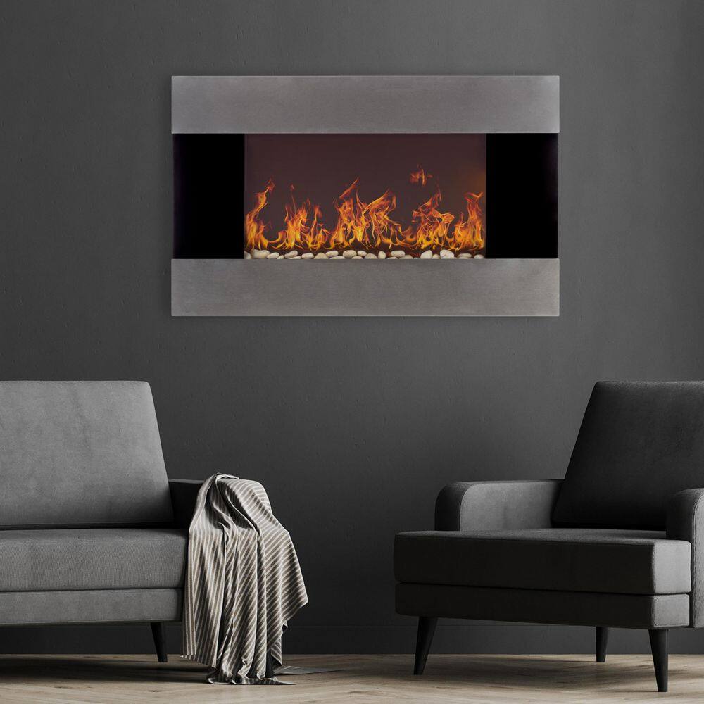 36 in. Stainless Steel Electric Fireplace with Wall Mount and Remote in Silver - Hercitys