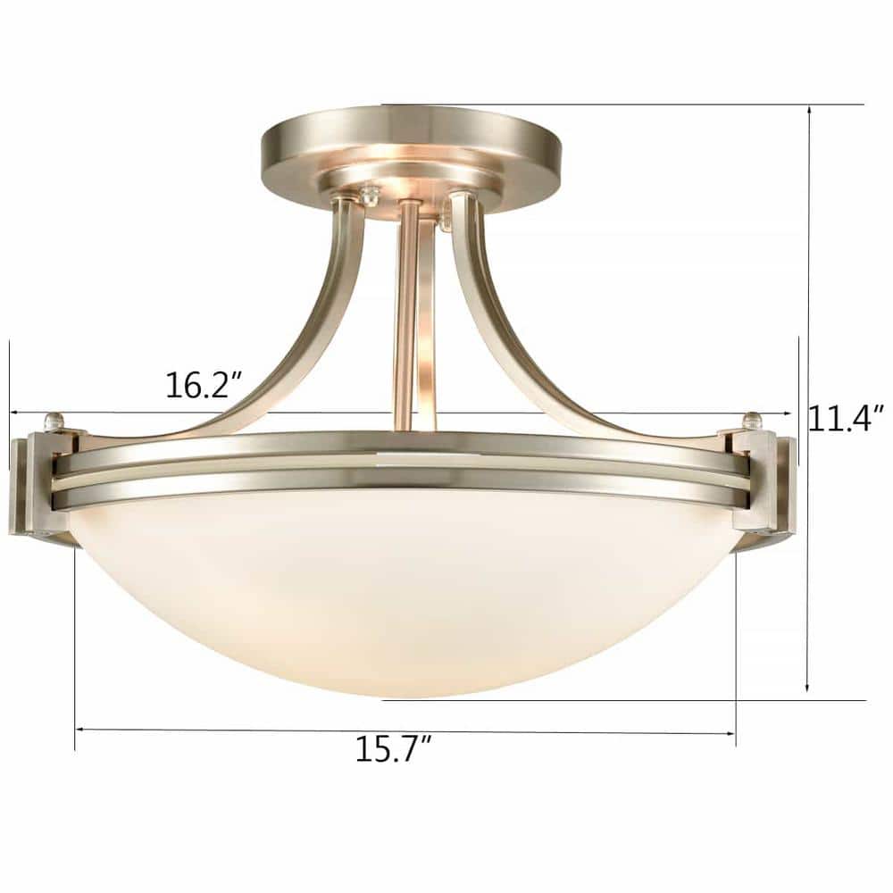 19 in. 3-Light Nickel Modern Semi-Flush Mount with Frosted Glass Shade and No Bulbs Included 1-Pack - Hercitys