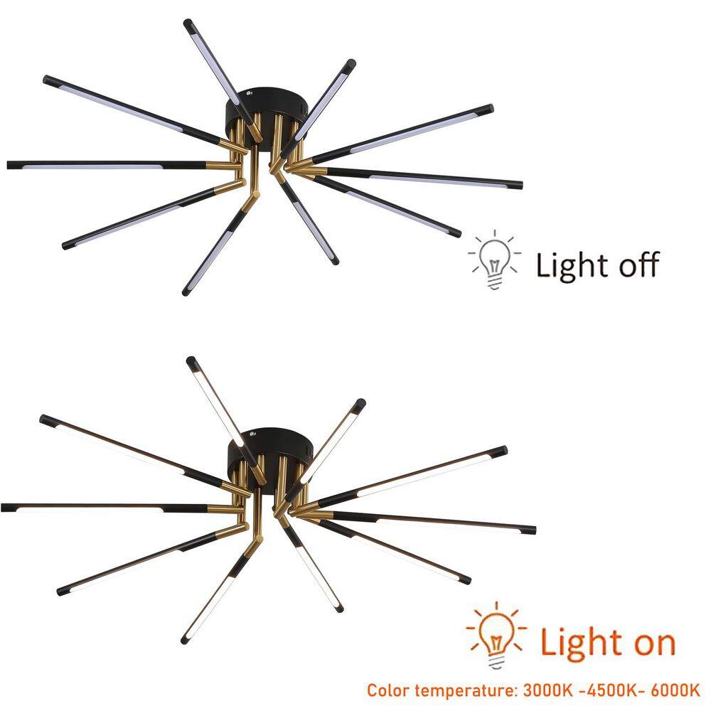 33.46 in. 10-Light Black and Gold Modern Linear Dimmable Selectable LED Semi-Flush Mount Ceiling Light with Remote - Hercitys