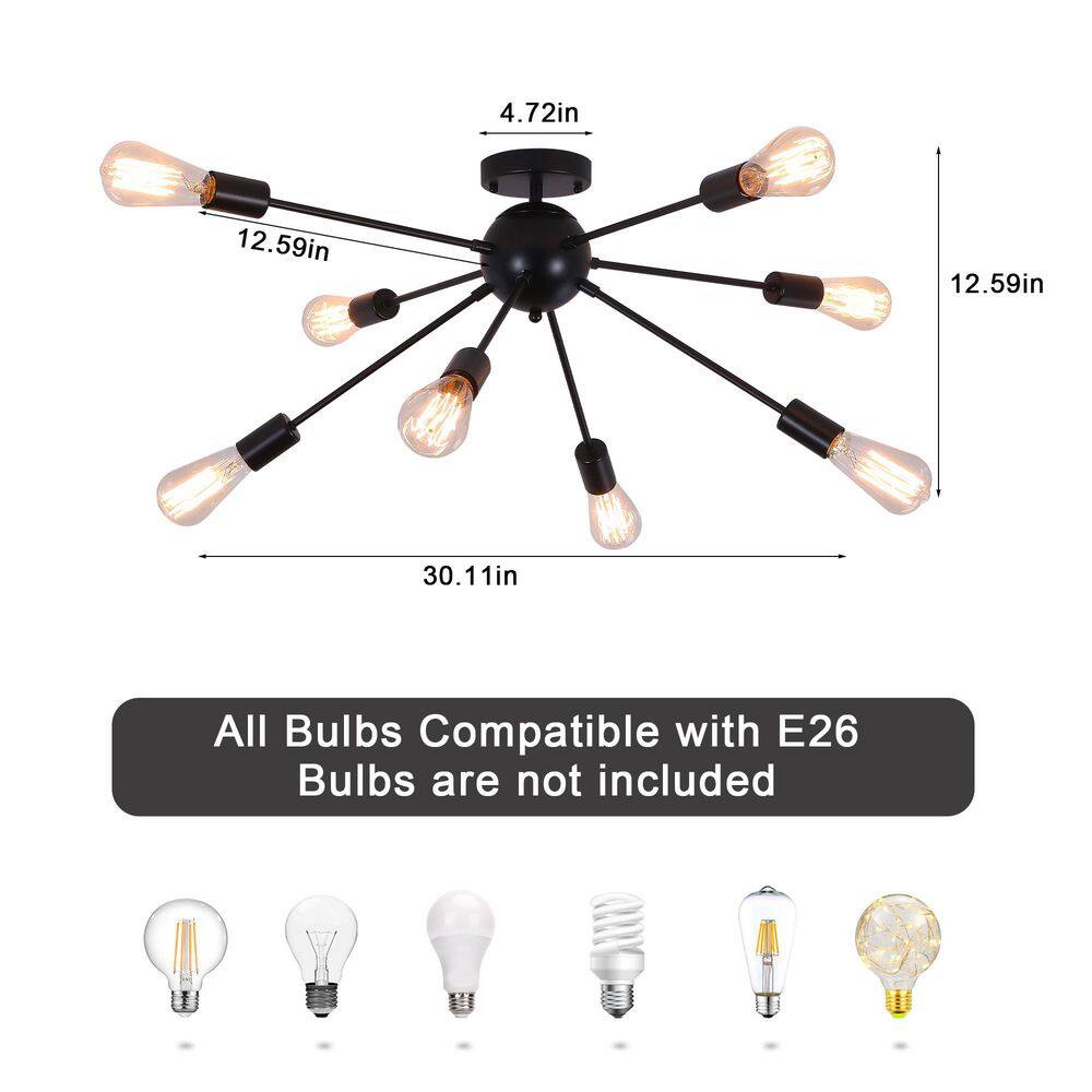 30.11 in. 4-Light Black Industrial Semi-Flush Mount with No Bulbs Included - Hercitys