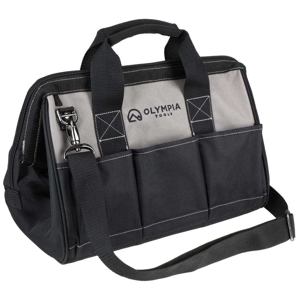 15 in. Black Water-Resistant Tool Bag with Dual Zipper, Adjustable Shoulder Strap - Hercitys