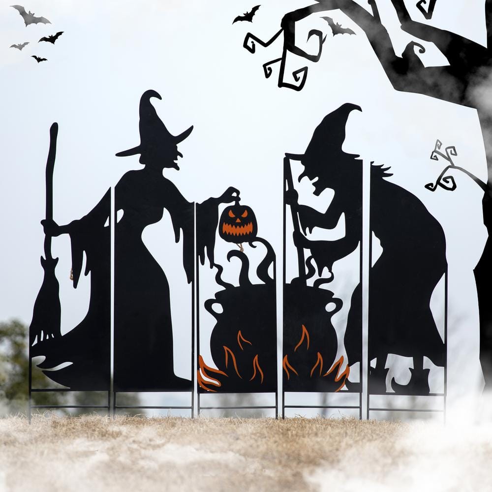 34.5 in. H Set of 5 Halloween Metal Silhouette Witches with Cauldron Yard Stake or Wall Decor (2 Function) - Hercitys