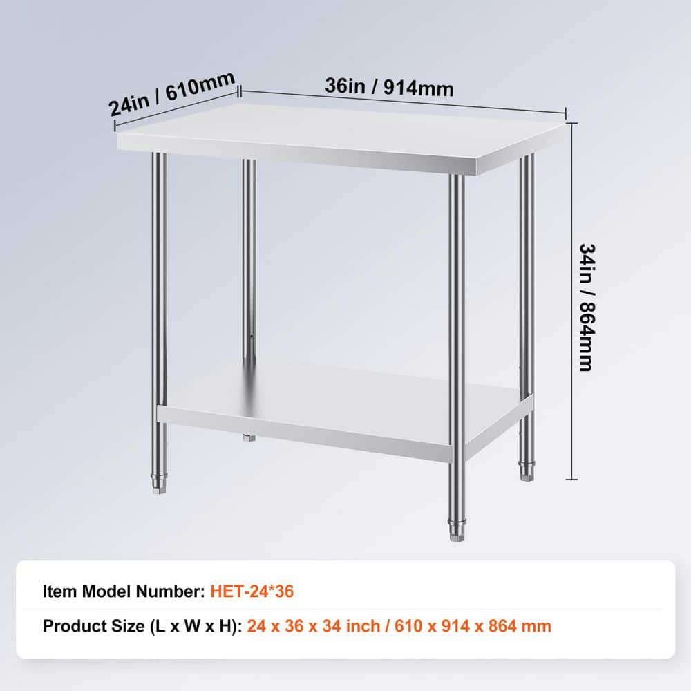 24 x 36 x 34 in. Stainless Steel Prep Table, 750 lbs. Capacity, Heavy Duty Kitchen Prep Table 3 Adjustable Height Levels - Hercitys