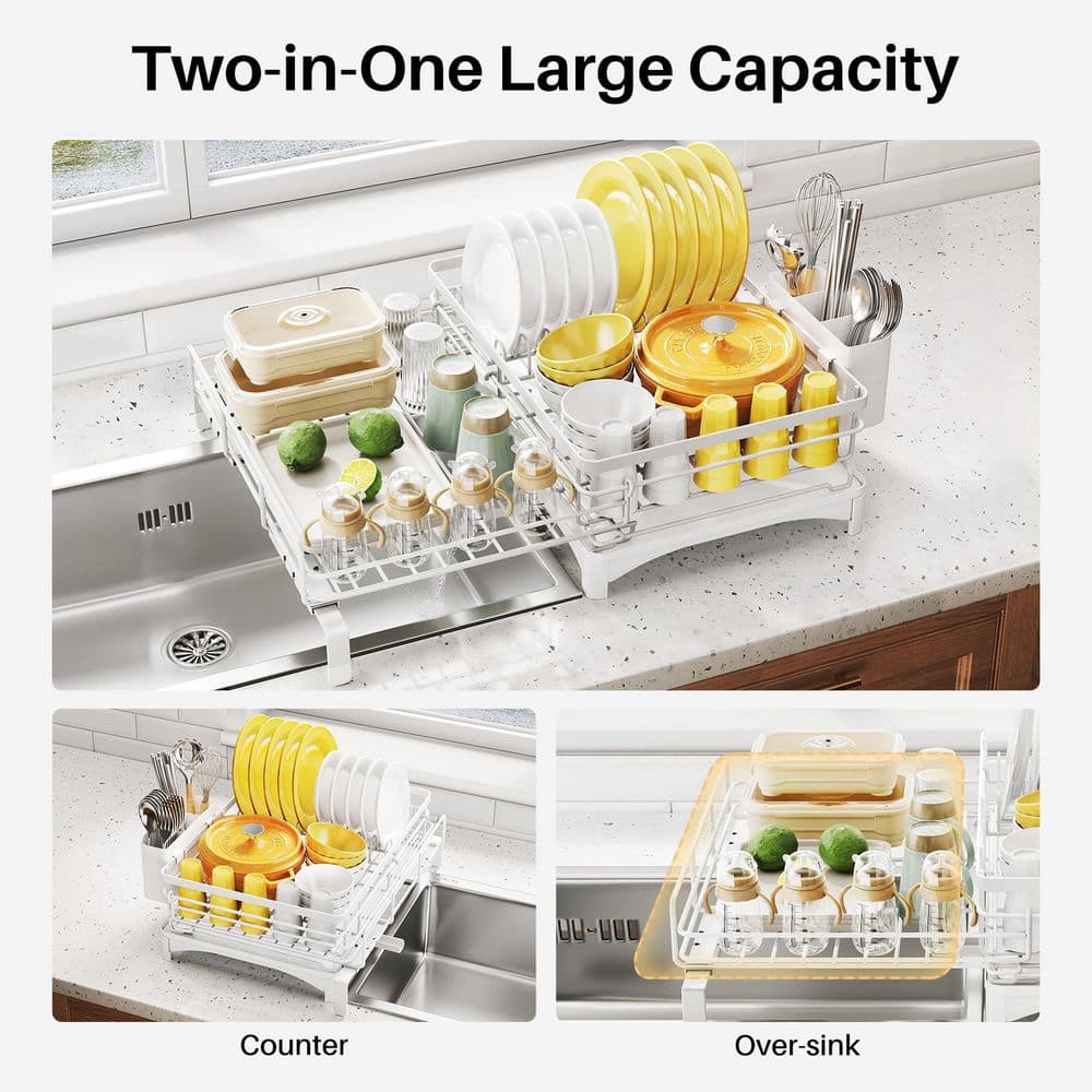 12.2 in. to 21.7 in. White Extendable Dish Rack, Dish Drying Rack, Stainless Steel Dish Strainer with Utensil Holder - Hercitys