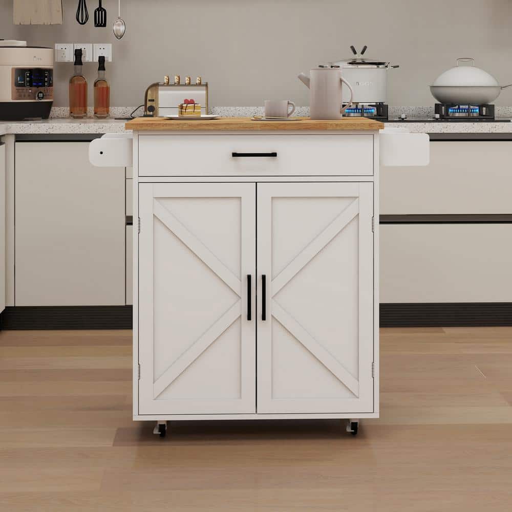 37.99 In. White Wood Kitchen Cart with Adjustable Shelves and Towel Rack Rubber Wood Table Top - Hercitys