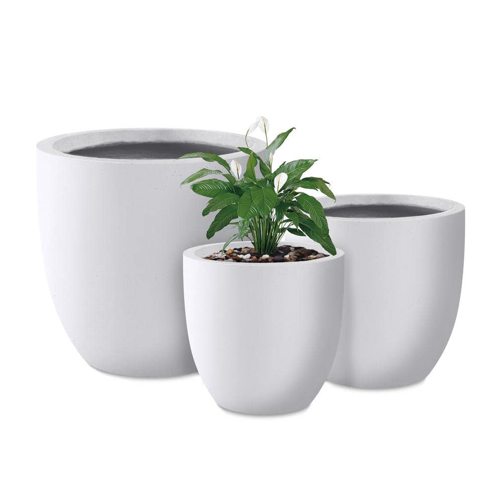 18 in., 14 in. and 10 in.W Pure White Concrete Round Planters (Set of 3), Outdoor Indoor Modern Seamless Planter Pots - Hercitys