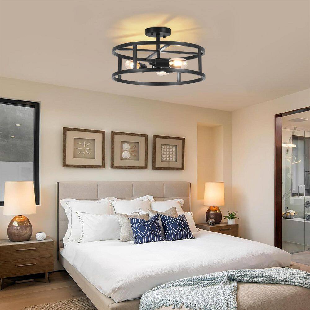16.5 in. 3-Light Black Drum Semi Flush Mount Ceiling Light with No Bulbs Included - Hercitys