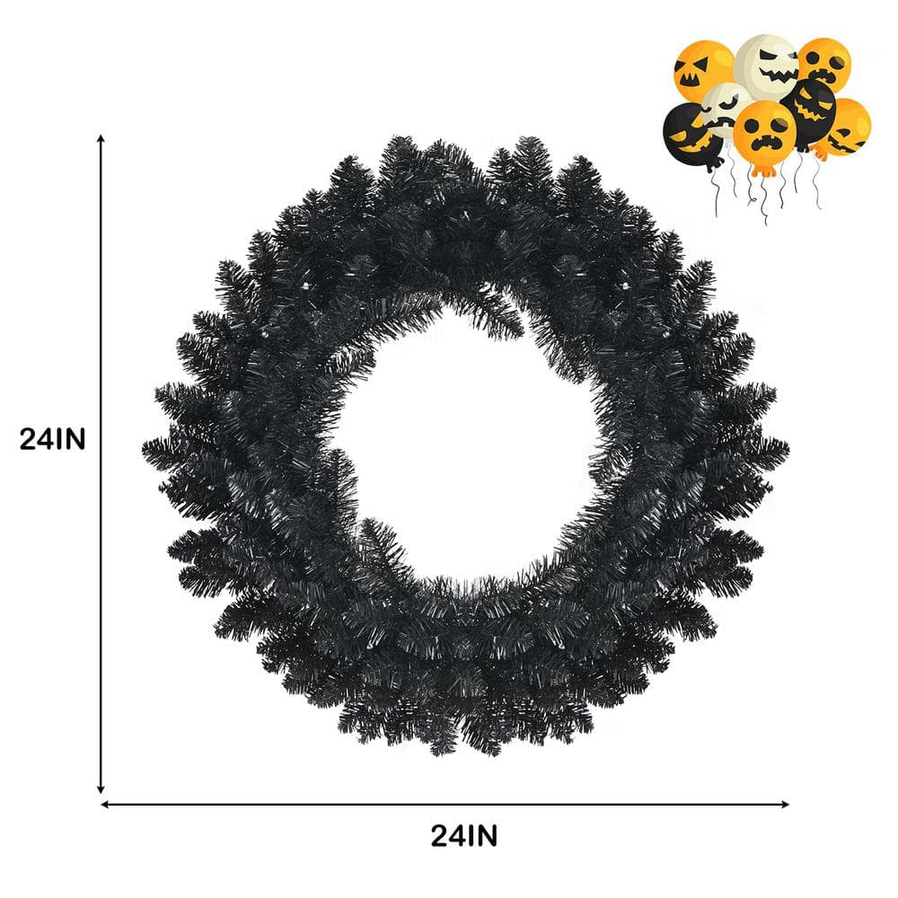 24 in. Black PreLit Artificial Christmas Wreath Halloween Wreath with 35 Purple LED Lights - Hercitys