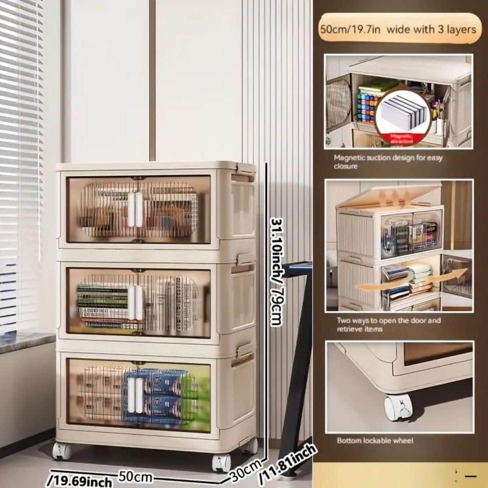 31.5 in. 3-Shelf Cream White Folding Kitchen Pantry Cabinet on Wheel - Hercitys