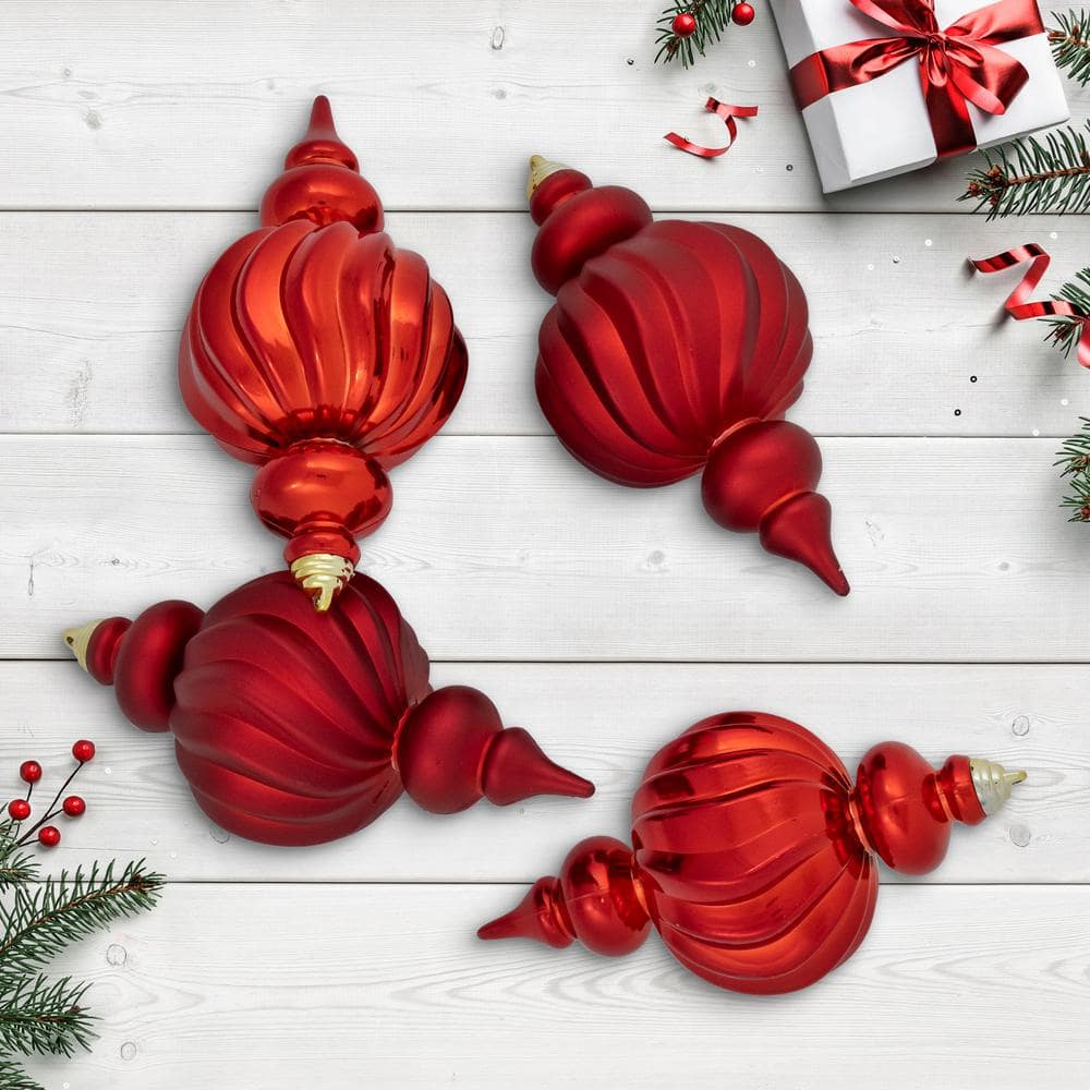10 in. 2-Finish Commercial Size Finial Shatterproof Christmas Ornaments Red(Set of 4) - Hercitys