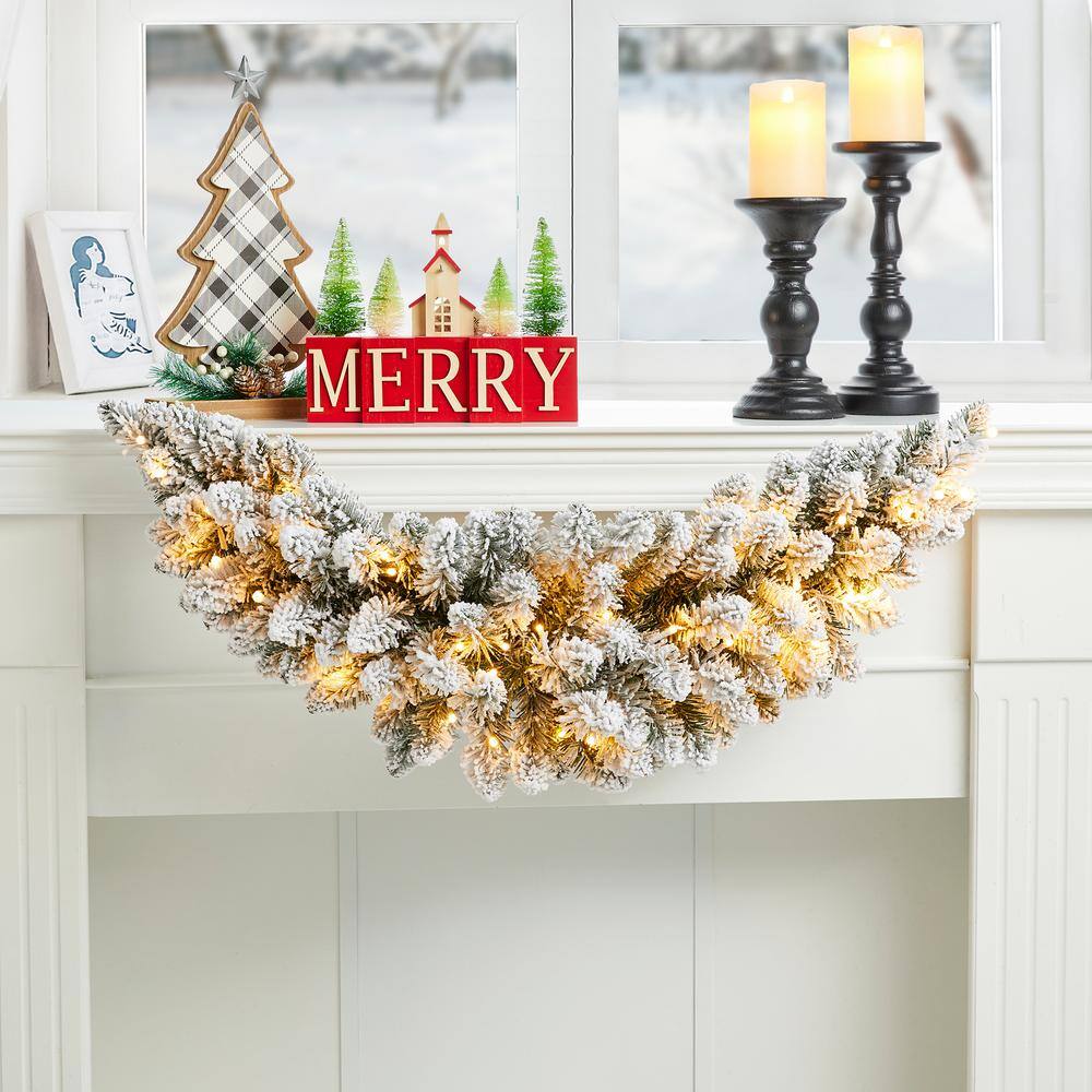 3 ft. L Pre-Lit Snow Flocked Christmas Swag, with 50 Warm White LED Lights, Three Function - Hercitys