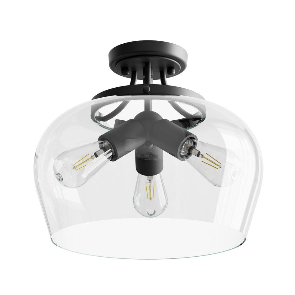 14 in. 3-Light Matte Black Semi-Flush Mount with Clear Glass Shade - Hercitys