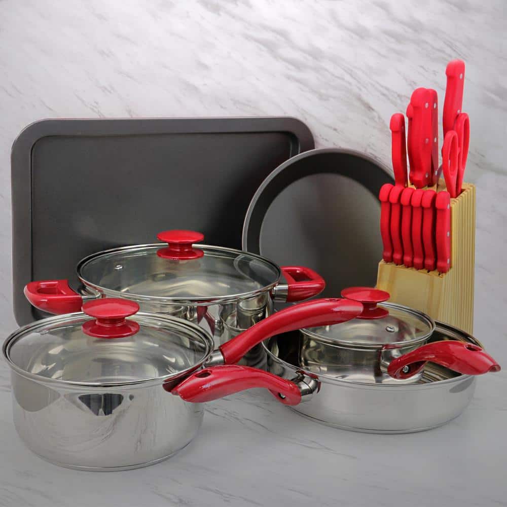 22-Piece Cookware Combo Set in Red - Hercitys