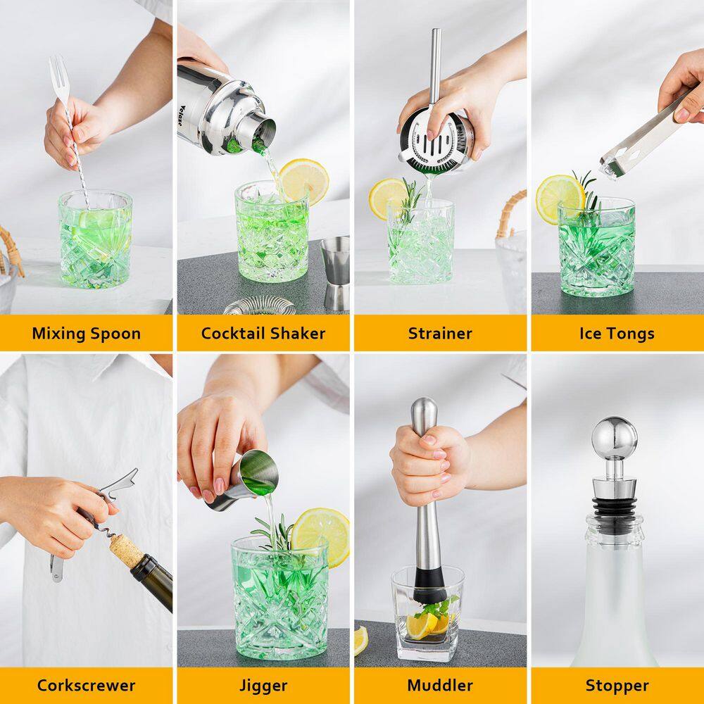 10-Piece Silver Stainless Steel Cocktail Shaker Set Cocktail Shaker 850ml with Pourer Stopper Muddler Mixing Spoon etc. - Hercitys