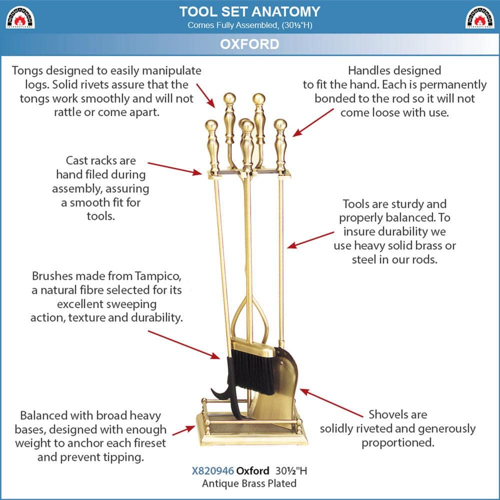 30.5 in. Tall 5-Piece Antique Brass Oxford Fireplace Tool Set - Hercitys