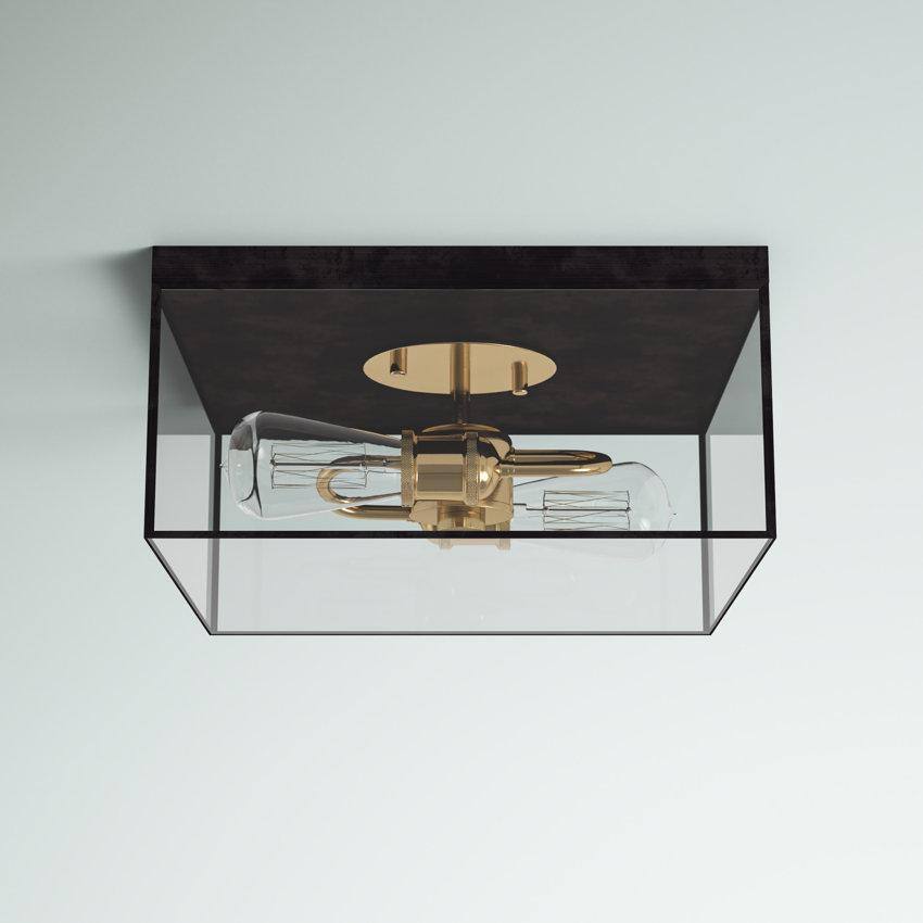 2-Light Dark Bronze Brass Flush Mount Ceiling Light with Tempered Glass - Hercitys