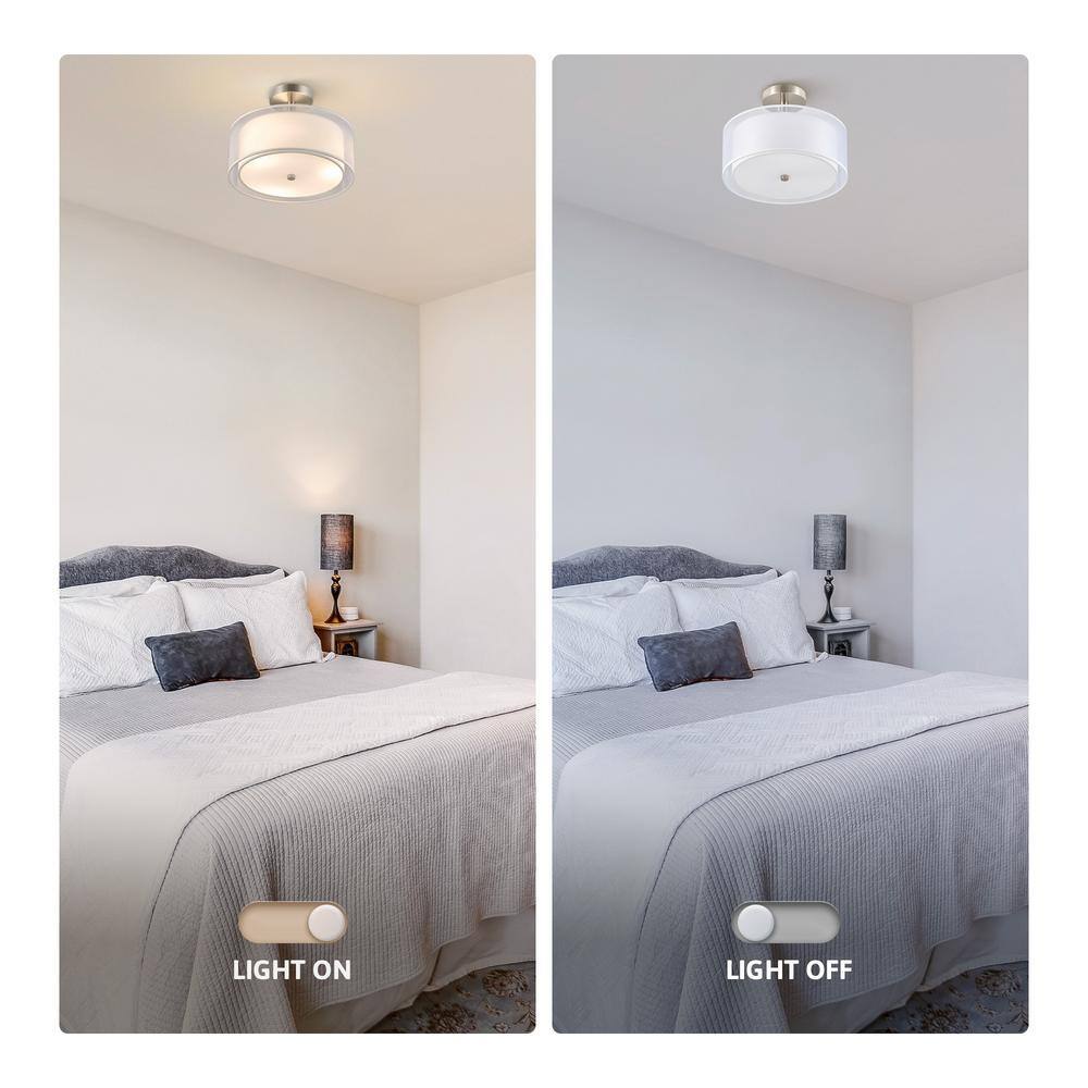 13 in. 3-Light White Semi-Flush Mount Ceiling Light Fixture Drum Light Fixture with 2-Layer Fabric Shade - Hercitys