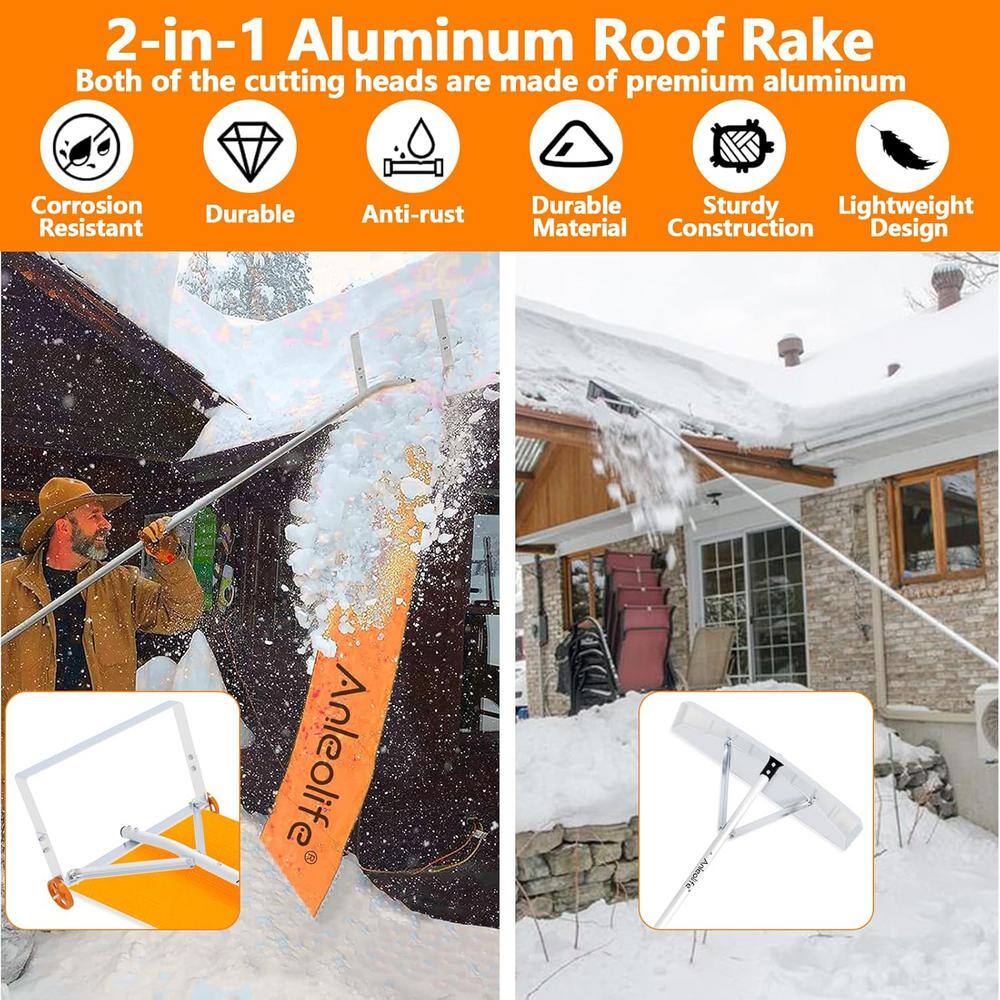 252 in. Aluminum Handle Adjustable Roof Rake Snow Removal Tool with Blade and Slide Cloth - Hercitys