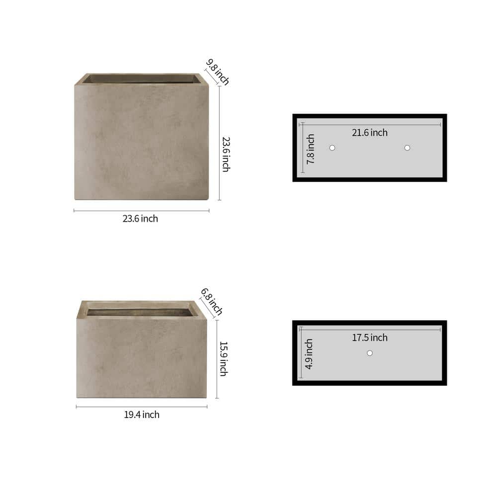 23.6″ & 19.4″L Rectangular Weathered Finish Lightweight Concrete Long Planter w/ Drainage Hole Set of 2 Outdoor/Indoor - Hercitys