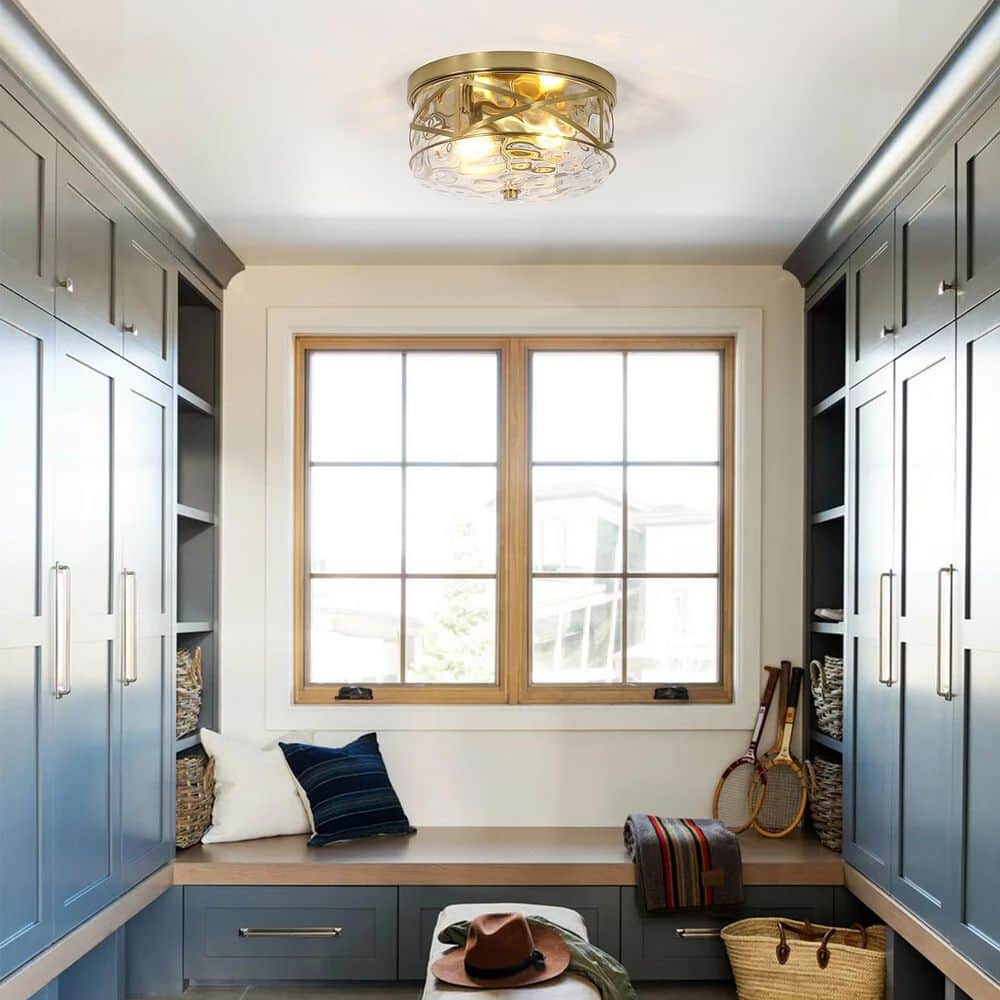 12 in. 2-Light Brass Gold Flush Mount Water Ripple Glass Ceiling Light with Metal Frame - Hercitys