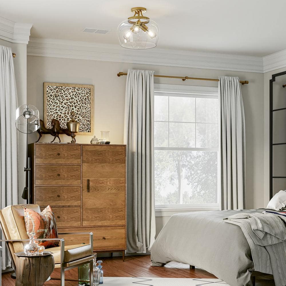 11 in. 3-Light Antique Brass Semi-Flush Mount Ceiling Light with Glass Shade - Hercitys