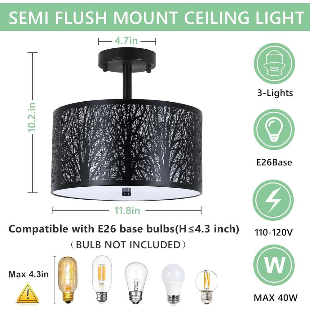 11.8 in. 3-Light Black Drum Light Semi Flush Mount with Etched Pattern Shade - Hercitys