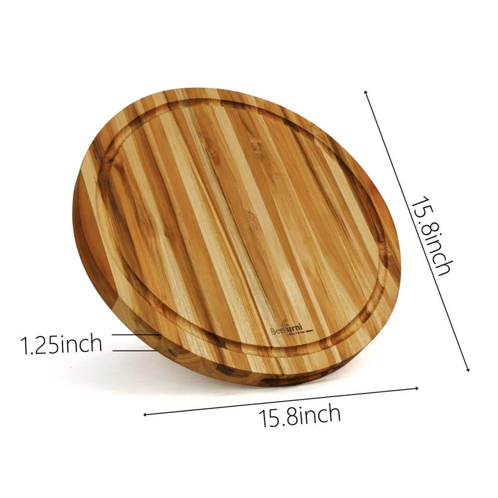 15.8 in. x 15.8 in. Round Teak Wood Reversible Chopping Serving Board Cutting Board with Juice Groove - Hercitys