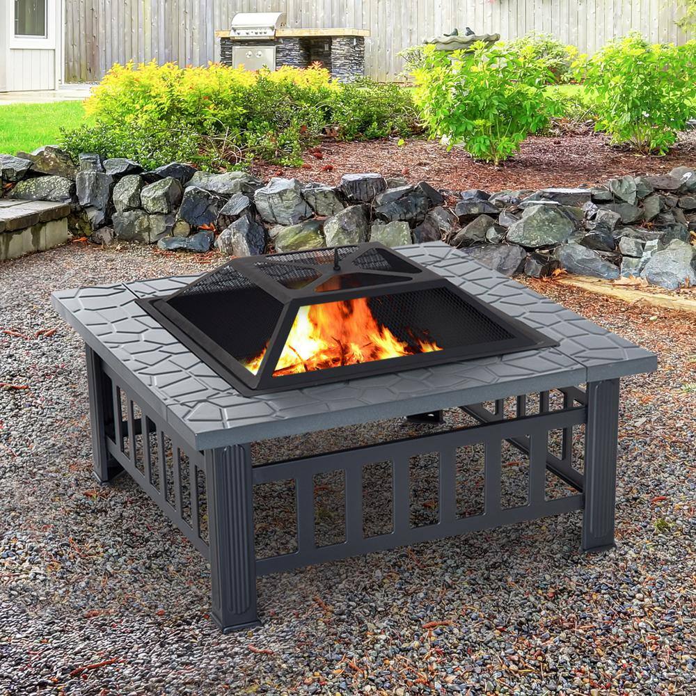 32 in. W x 18 in. H Square Steel Outdoor Patio Wood Burning Fire Pit Table in Black with Poker and Water Resistant Cover - Hercitys