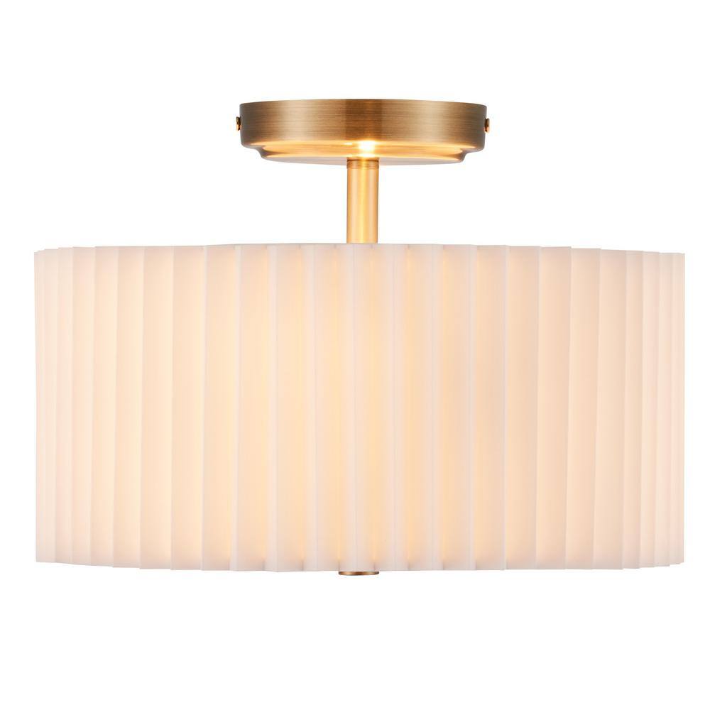 13 in. 2-Light Gold Semi Flush Mount with Pleated Drum Shade - Hercitys