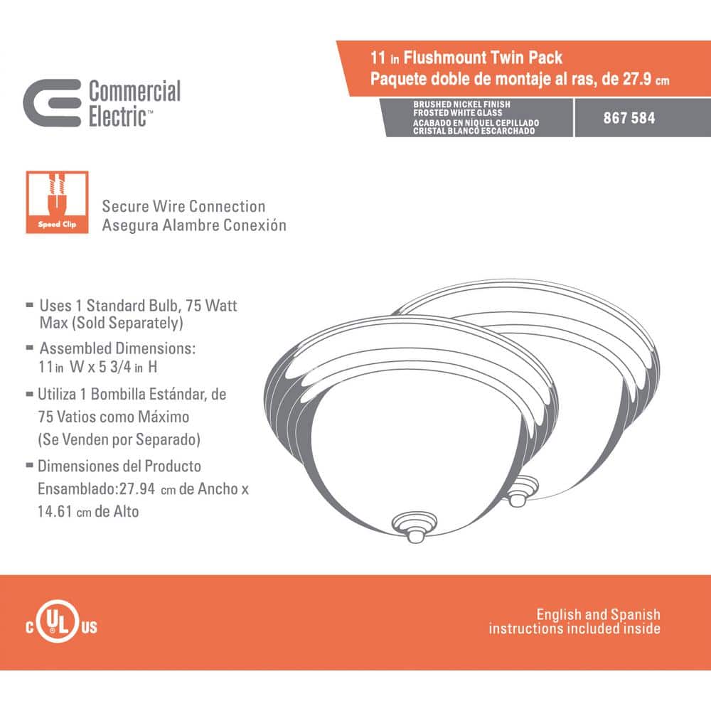 11 in. 1-Light Brushed Nickel Flush Mount with Frosted Glass Shade (2-Pack) - Hercitys