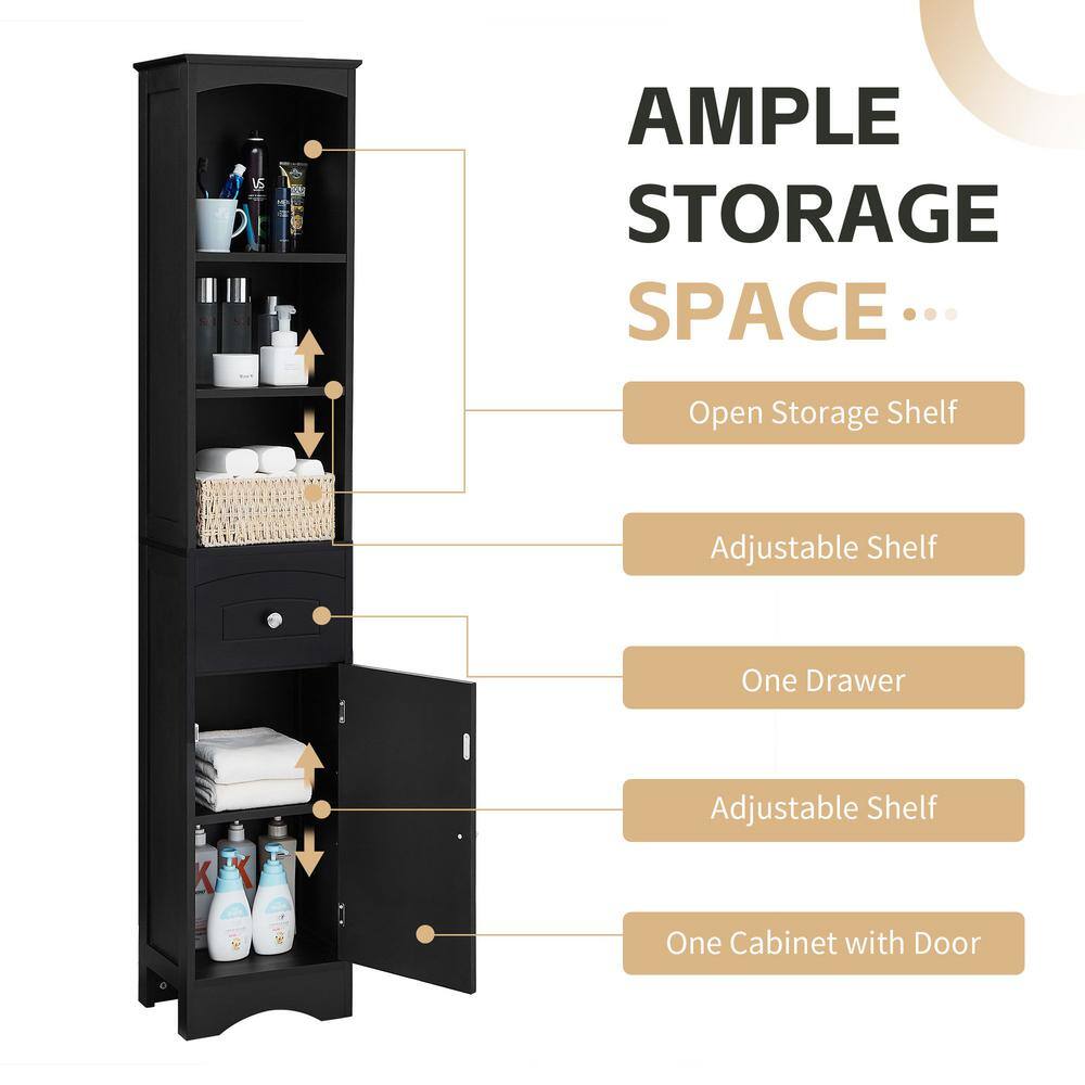 13.4 in. W x9.1in. D x 66.9 in. H Black MDF Ready to Assemble Tall Bathroom Cabinet with Drawer and Adjustable Shelf - Hercitys
