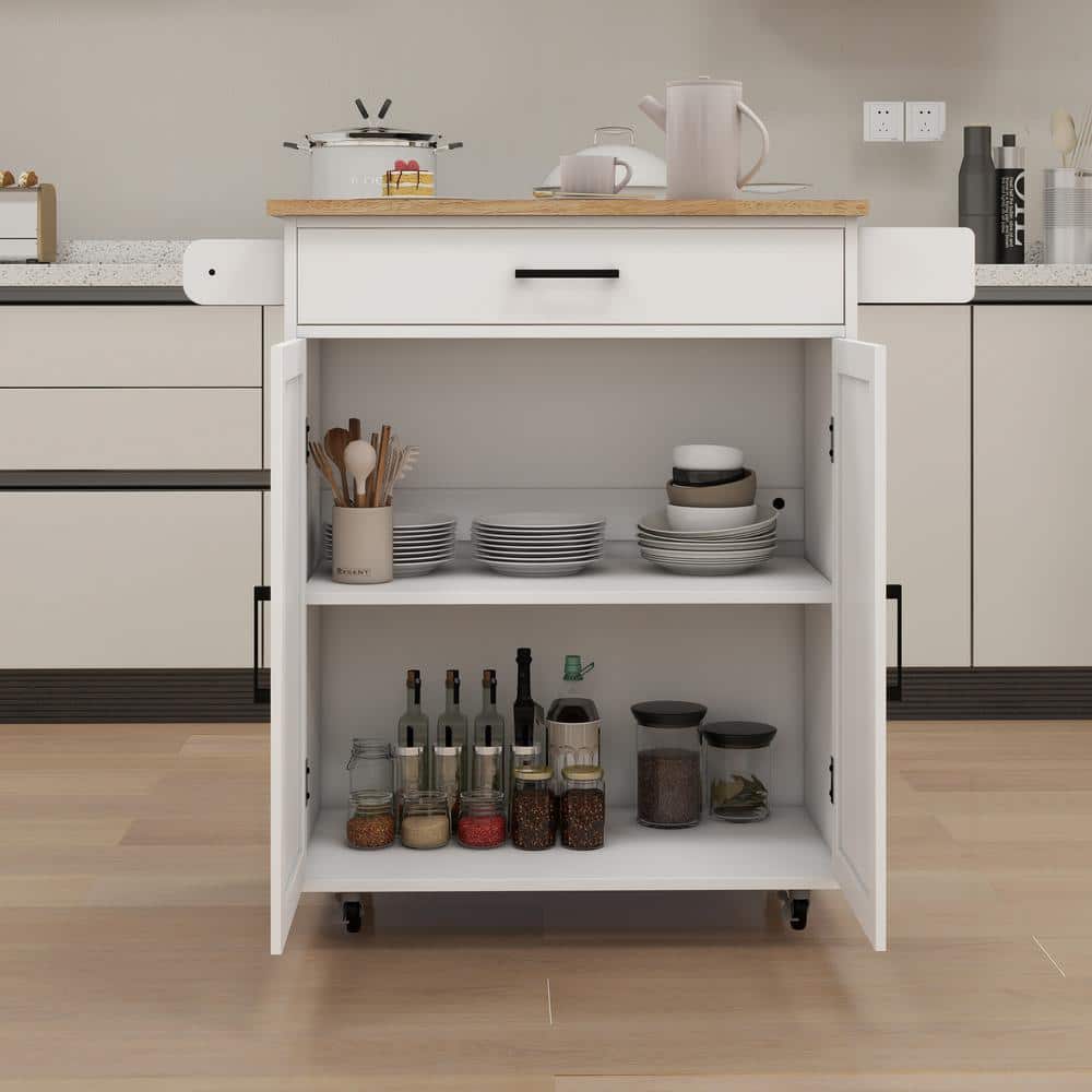 37.99 In. White Wood Kitchen Cart with Adjustable Shelves and Towel Rack Rubber Wood Table Top - Hercitys