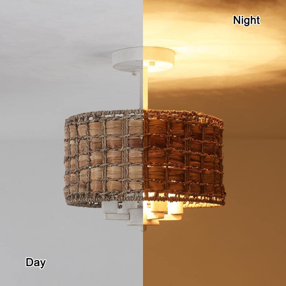 11.81 in. 4-Light Distressed White Drum Natural Rattan Seagrass Semi Flush Mount Ceiling Light with No Bulbs Included - Hercitys