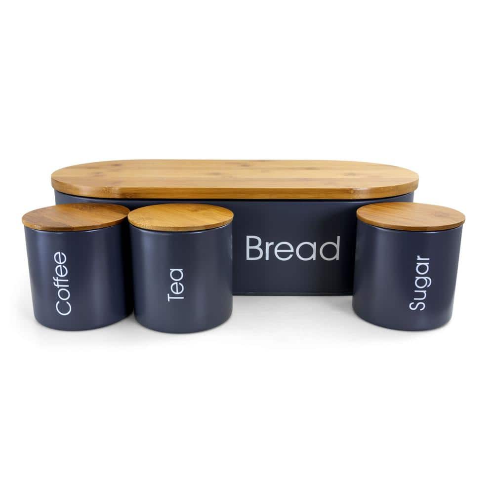 4-Piece Metal Canister Set and Bread Box with Bamboo Cutting Board Lid in Gray - Hercitys