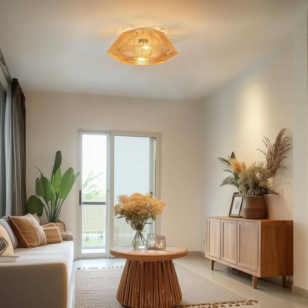 18.5 in. 4-Light Bohemian Antique Gold Drum Semi-Flush Mount with Natural Jute Rope Shade - Hercitys