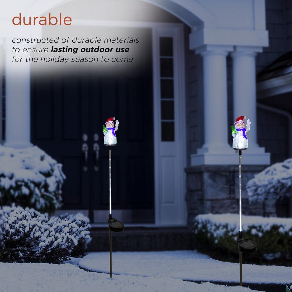 34 in. Tall Solar Snowman Fiber Optic Garden Stake with LED Lights, Set of 2 - Hercitys