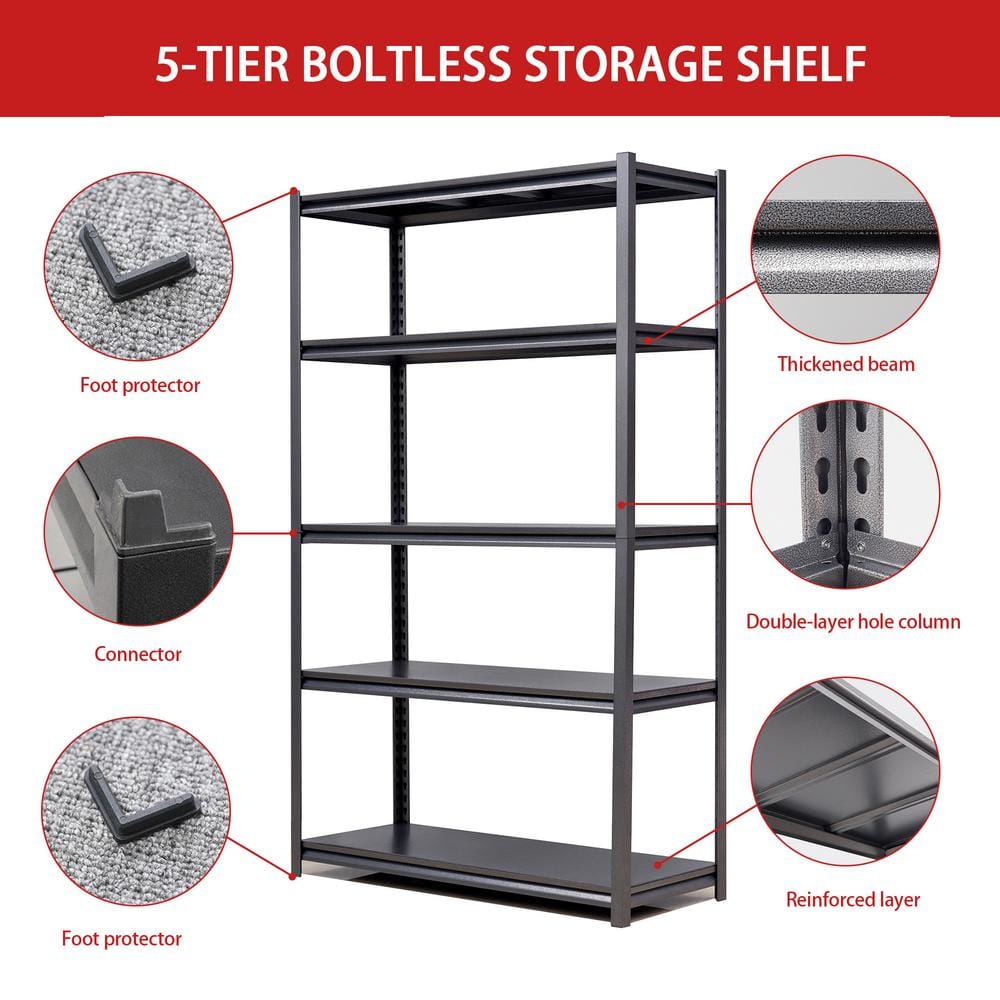 5-Tier Adjustable Metal Shelving Heavy-Duty Storage Rack 2000 lbs. Kitchen Garage Storage 47 in. x 18 in. x 78 in. Black - Hercitys