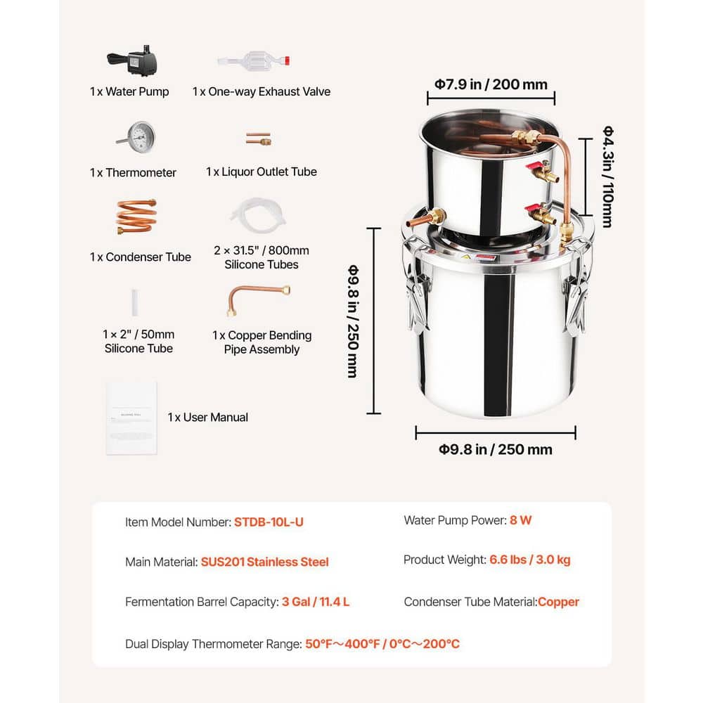 3 Gal. / 11.4 L Alcohol Still, Stainless Steel Distiller with Copper Coil, Fermentation Kit with Thermometer and Pump - Hercitys