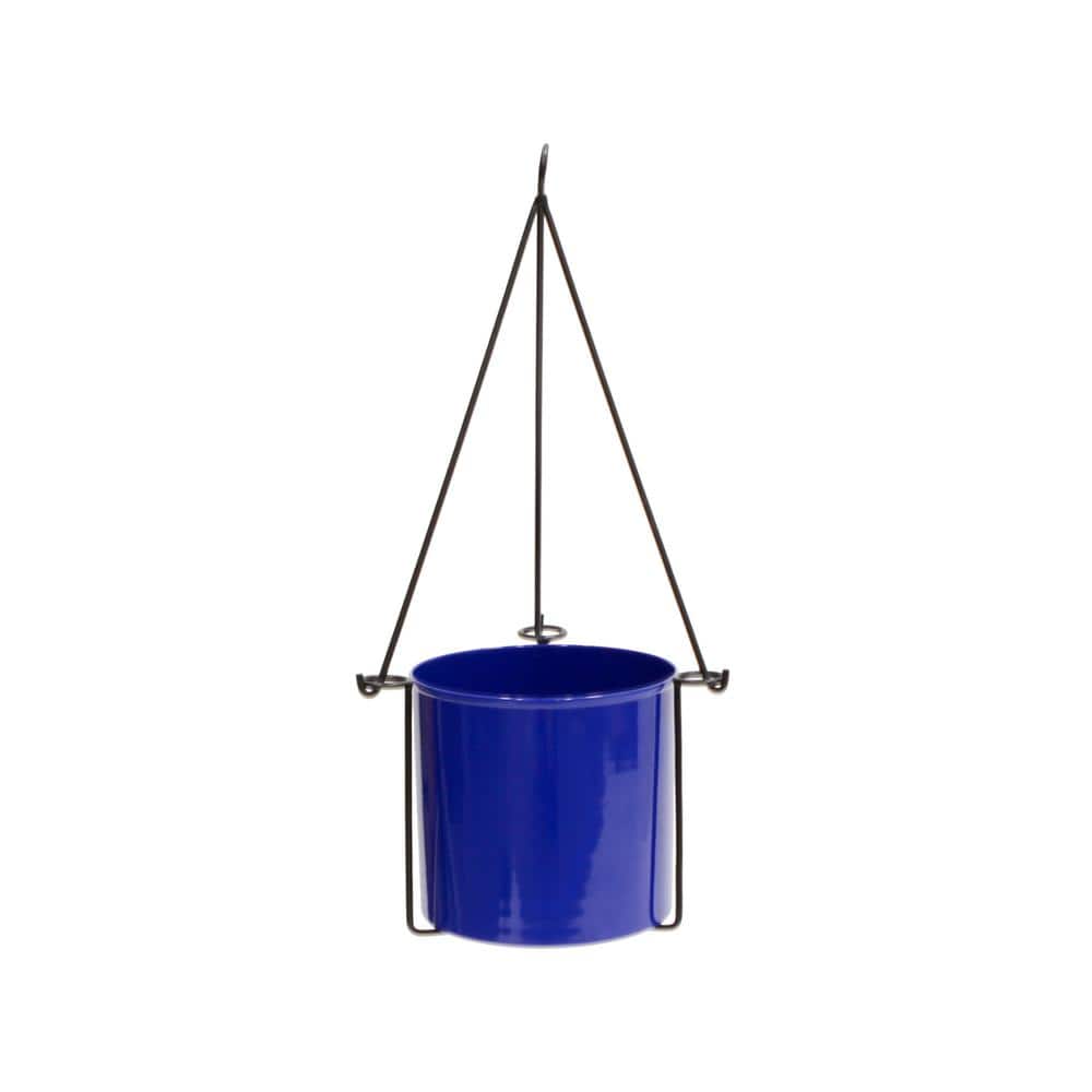 22.5 in. H Black Wrought Iron Indoor Outdoor Vera Hanging Planter w/Cylindrical French Blue Galvanized Steel Pot - Hercitys