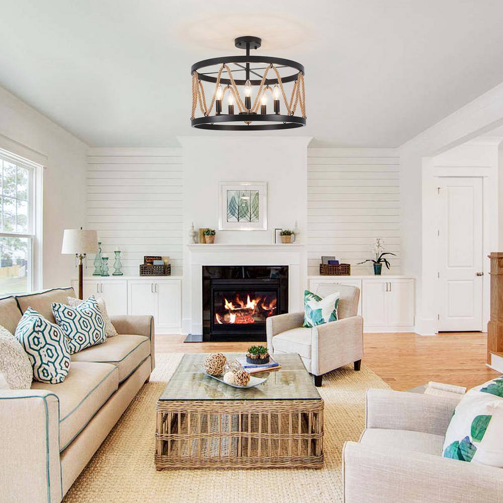 19.68 in. 5-Light Black Drum Metal Hemp Rope Semi-Flush Mount Light，No Bulbs Included - Hercitys