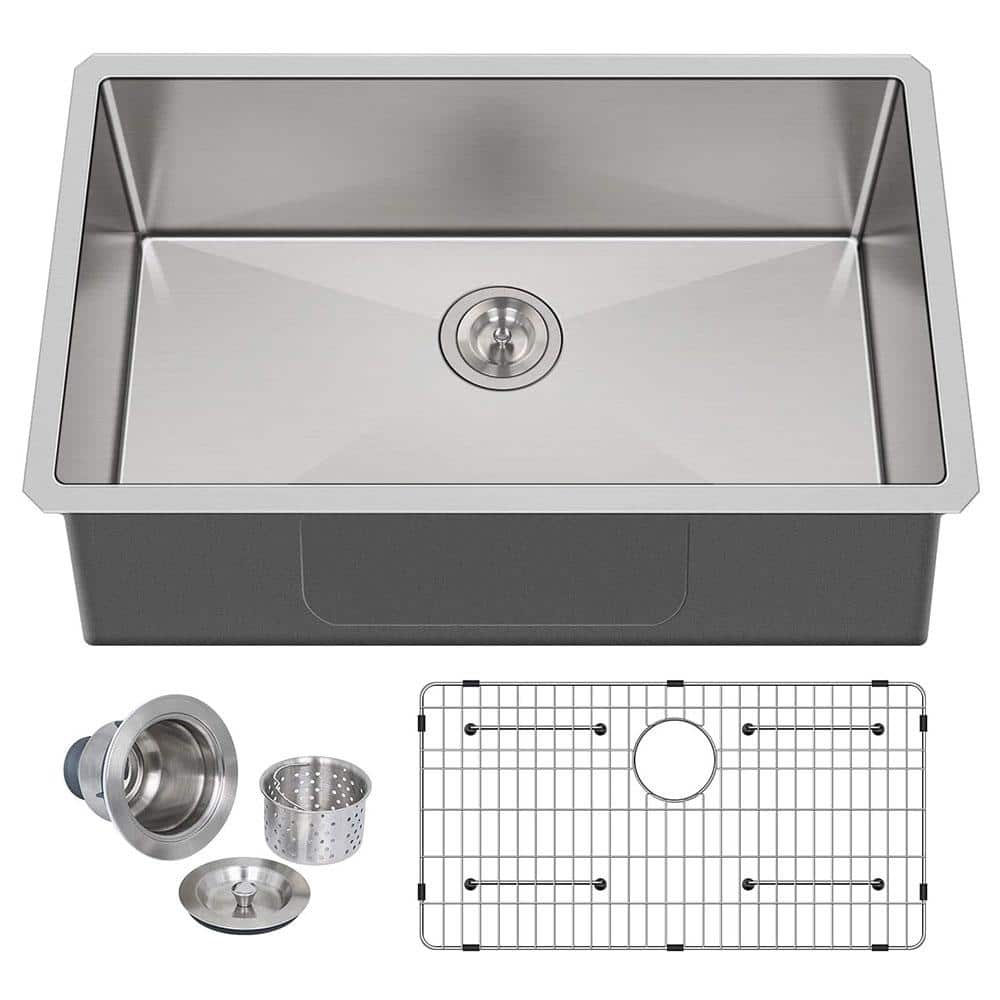 30 in. Undermount Single Bowl 16-Gauge 304 Stainless Steel Kitchen Sink with Bottom Grid and Strainer - Hercitys