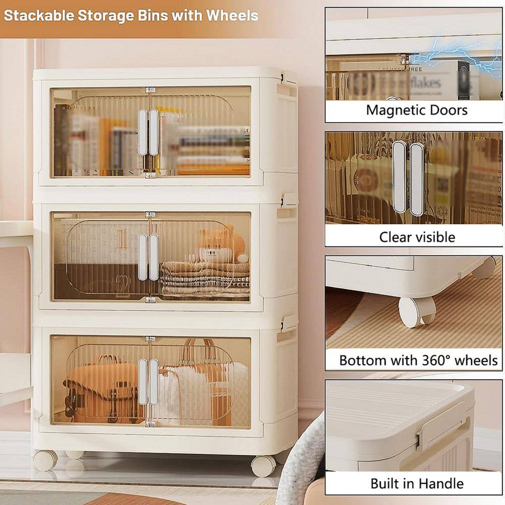 31.5 in. 3-Shelf Cream White Folding Kitchen Pantry Cabinet on Wheel - Hercitys