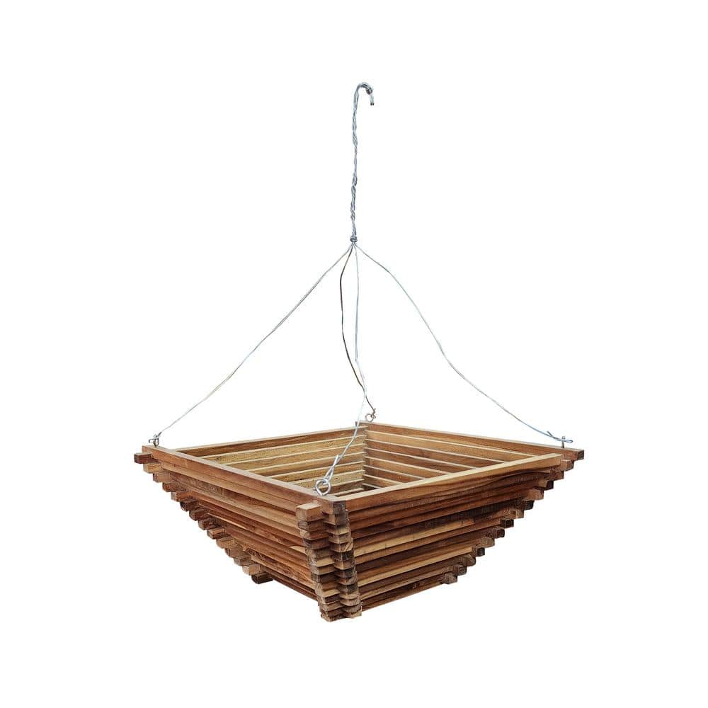 20 in. Brown Teak Wood Square Pyramid Shape Hanging Basket - Hercitys